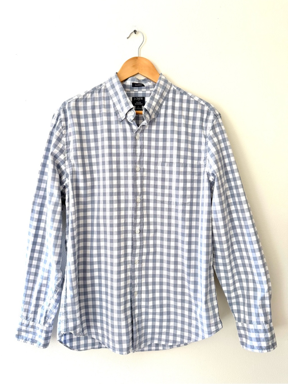 J.Crew Men L Classic Flex Washed Gingham Button Down Shirt Gray Blue Preppy
